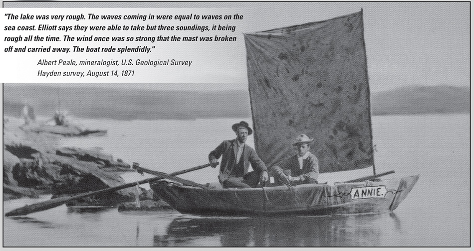 Survey boat, The Annie, with James Stevenson (left) and Chester Dawes on July 28, 1871. Photo taken by W.H. Jackson. 