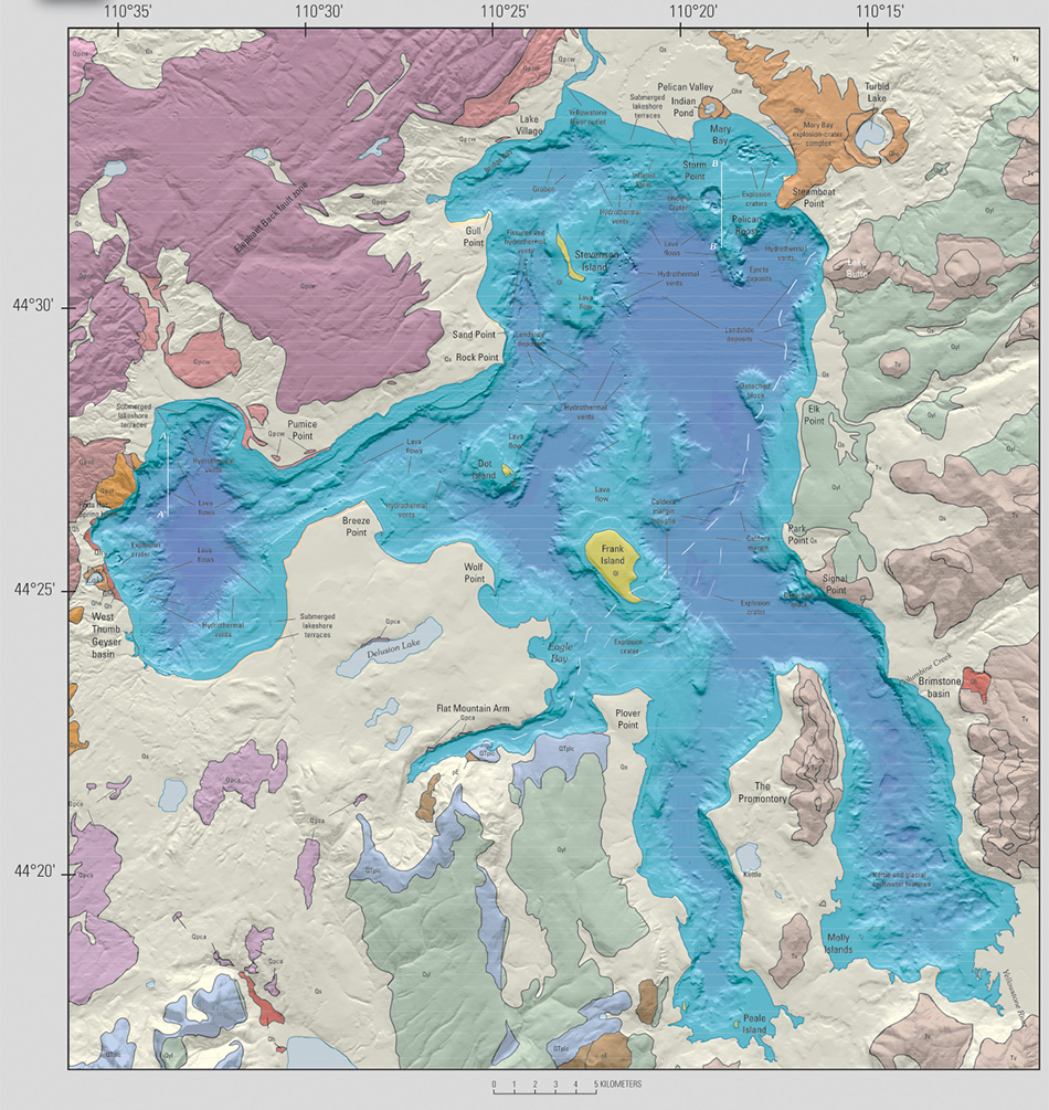 New high-resolution bathymetric map shown as blue-shaded-relief map of Yellowstone Lake, acquired by multibeam-sonar imaging, surrounded by a colored geologic map of the area around Yellowstone Lake (U.S. Geological Survey, 1972). The new map of the lake shows previously unknown features, such as an -550-m-wide hydrothermal-explosion crater (east of Duck Lake); a 700-m-wide explosion crater south of Frank Island; and numerous hydrothermal vents, fissures, submerged lakeshore terraces, landslide deposits, and rhyolitic lava flows that underlie 7 to 10m of postgla-cial sediments in West Thumb basin (Morgan and others, 2003; Johnson and others, 2003; Otis and others, 1977). In the F D Map of Yellowstone Lake and geol-ogy around the lake as mapped in the Hague survey (Hague, 1896). "• , .. 110"30' II 0"15' 110"30' I • ,,, "t" -,., II 0"10' 0 1 2 3 4 5 ~ll0MET£~S ~-o,,..., ~ .... 1 'I ,. ·• ,. ' ' ' '"' r "'"'.~._ ... ~ "· , .• ,.,,r; ,;. 11 I _I "' \ '"~· Prom~~IOt.)' •• ... ,.,, 110"10' . ~ Tmo . " .. ' """' '''"''' ... I ' ... .............. ,, ·' ' ,, ' ,\:;:• ,. '\'>'. ;I . ..1'"-. ' '"'"' •il'' '). I ••• ' \ ~-"'''' ' rJ' · .. &" -' ' . .. '" '"-~·· .. Bathymetric map of Yellow-stone Lake by Kaplinski (1991) 11 0"20' 110"15' northern basin, large hydrothermal-explosion craters in Mary Bay and south-southeast of Storm Point, numerous smaller craters related to hydrothermal vents, landslide deposits along the eastern margin of the lake near the caldera margin (fig. 1), and postcaldera rhyolitic lava flows shape the lake basin. Glacial deposits (not shown in the northern basin in order to emphasize the postcaldera rhyolitic lava flows) are present throughoutthe lake and mantle the lava flows. Fissures west of Stevenson Island and the graben north of Stevenson Island may be related to extension along the young Eagle Bay fault.