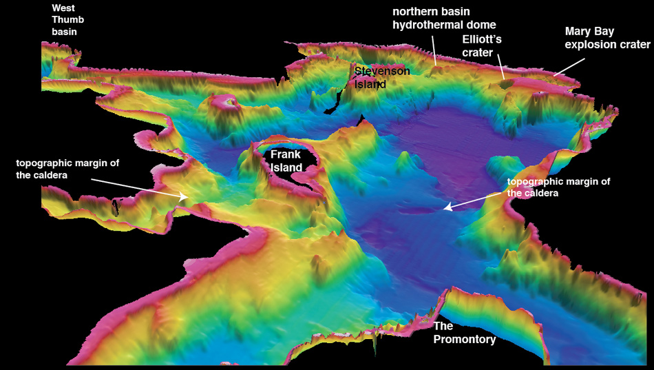 Figure 5. Oblique bathymetric image of Yellowstone Lake viewed from the Promontory northward into the 640,000-year-old Yellowstone caldera.